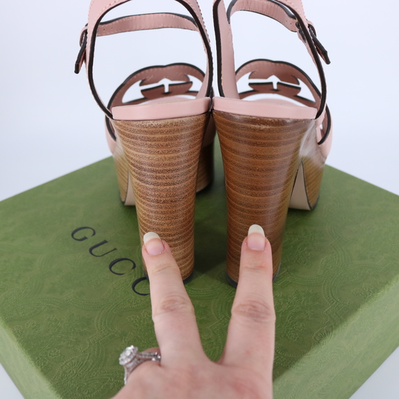 Gucci 37.5 Interlocking GG 110mm Logo Nude Pink Sandals Heels E798 - Picture 10 of 15